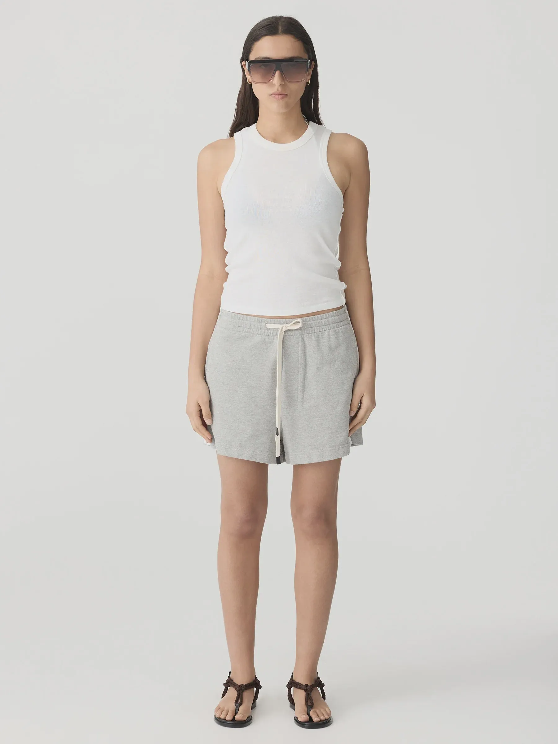 Bassike French Terry Side Stripe Short in Grey Marle and White