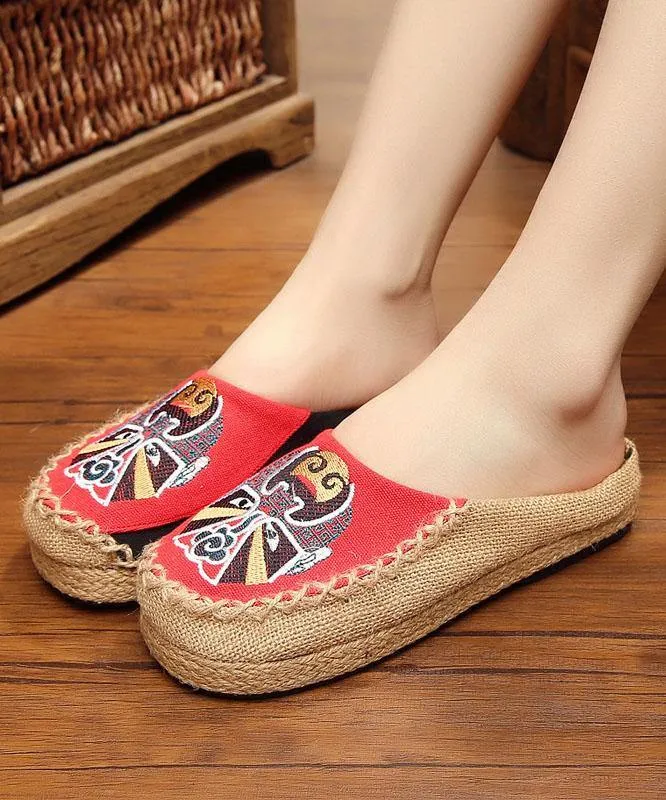 Beige Embroideried Linen Fabric Slippers Shoes Splicing