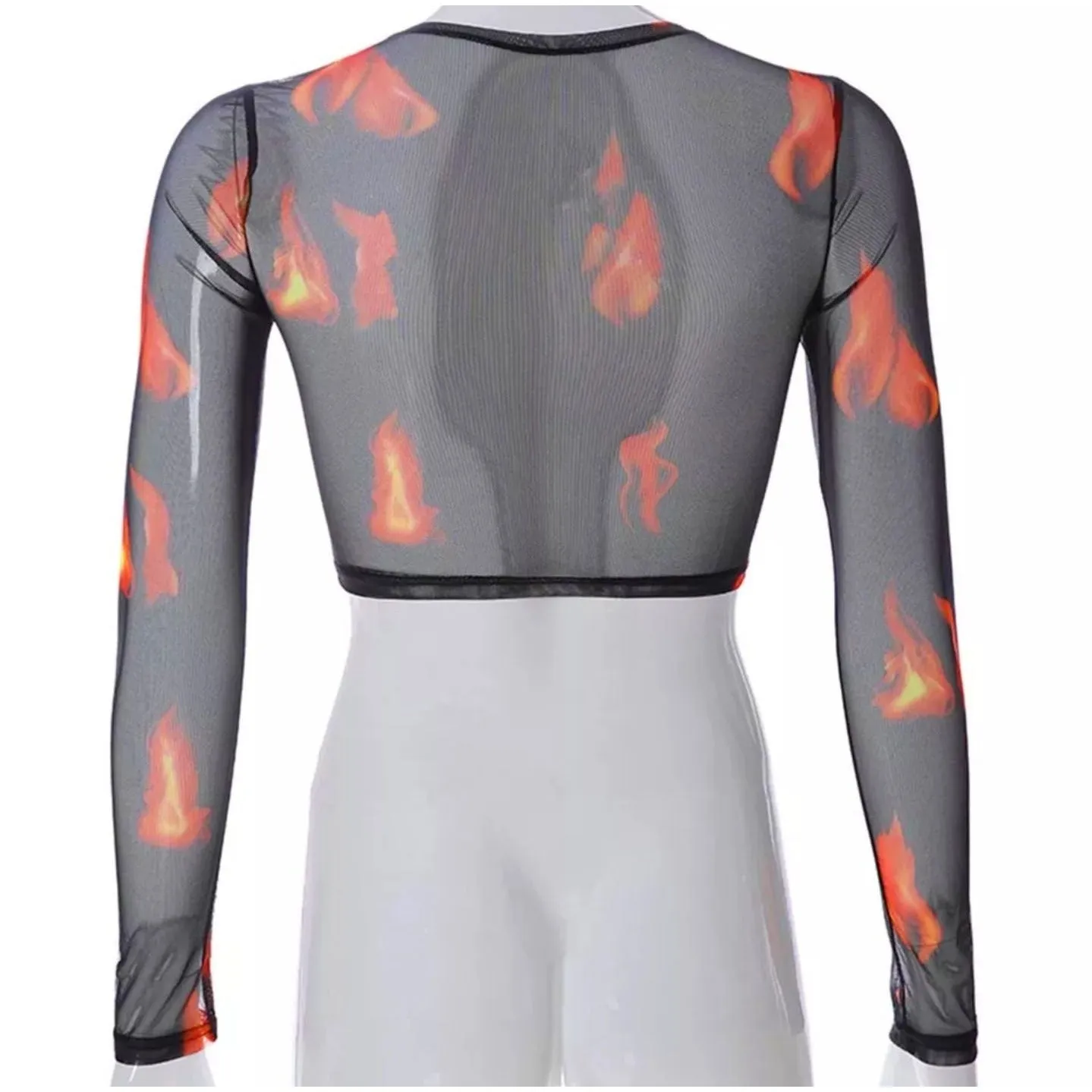 Black Sheer Flame Print Long Sleeve Crop Top