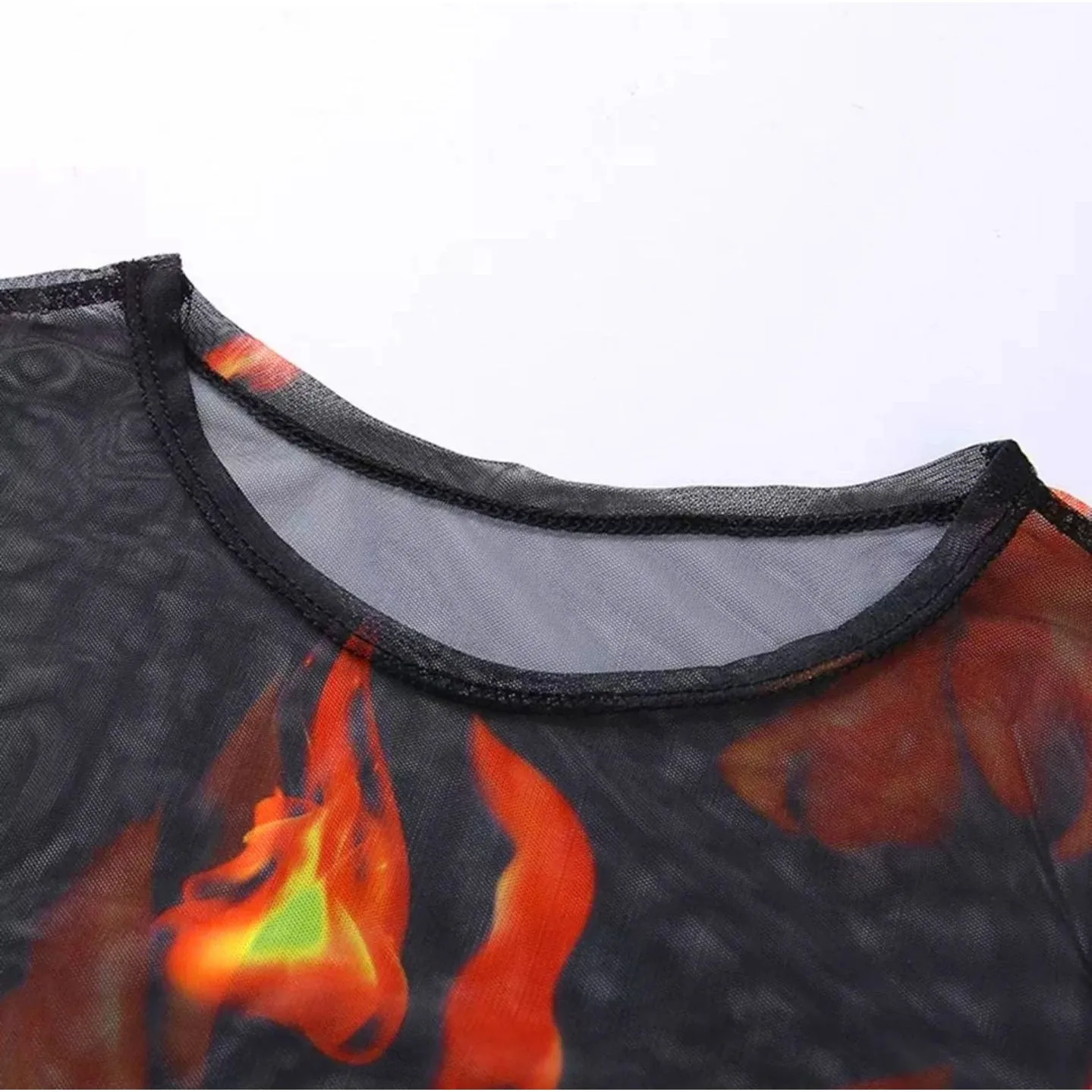 Black Sheer Flame Print Long Sleeve Crop Top