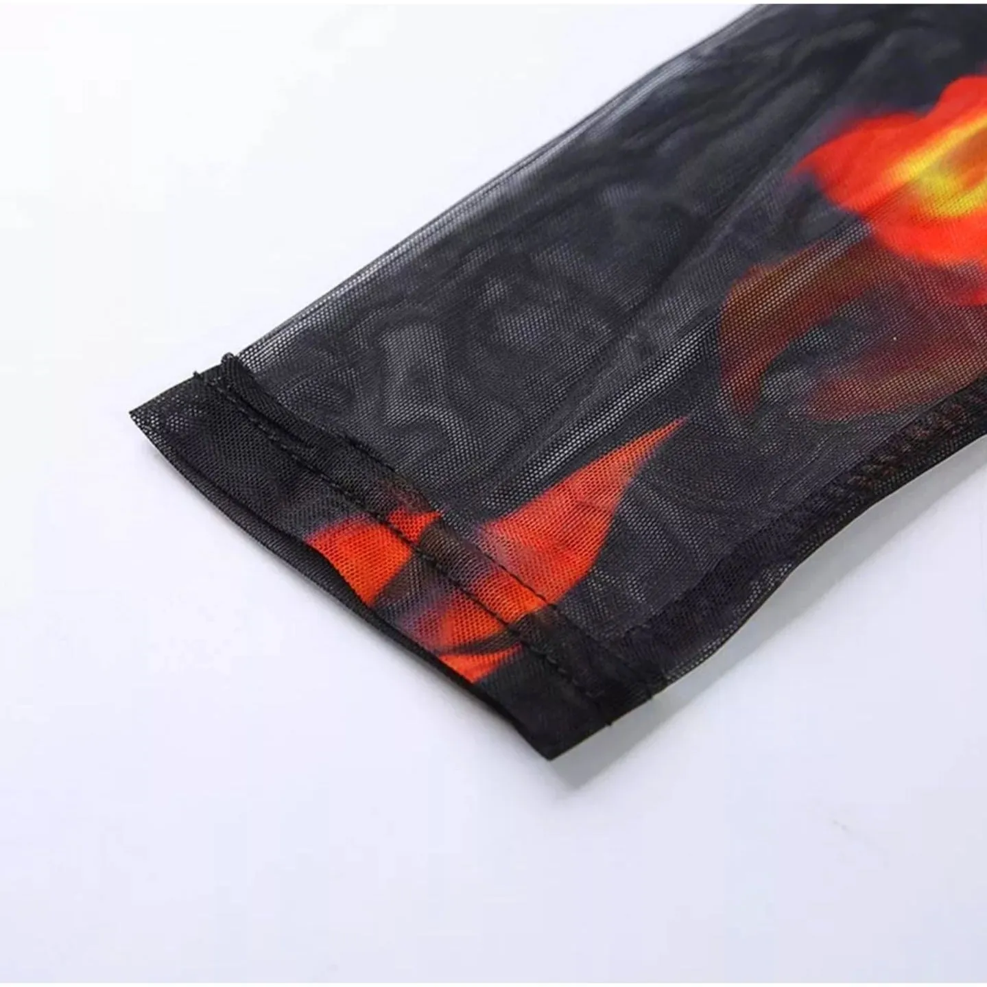Black Sheer Flame Print Long Sleeve Crop Top