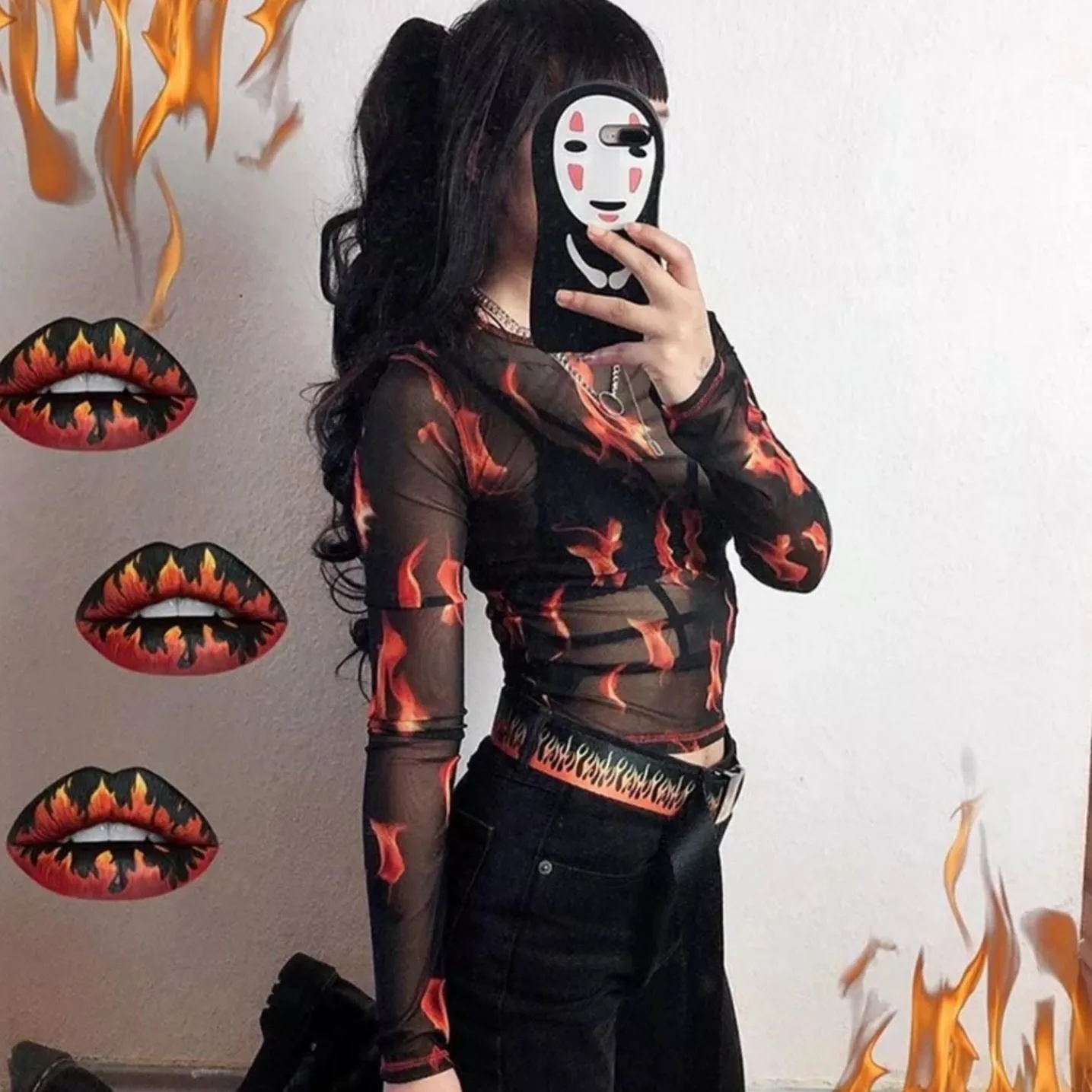 Black Sheer Flame Print Long Sleeve Crop Top