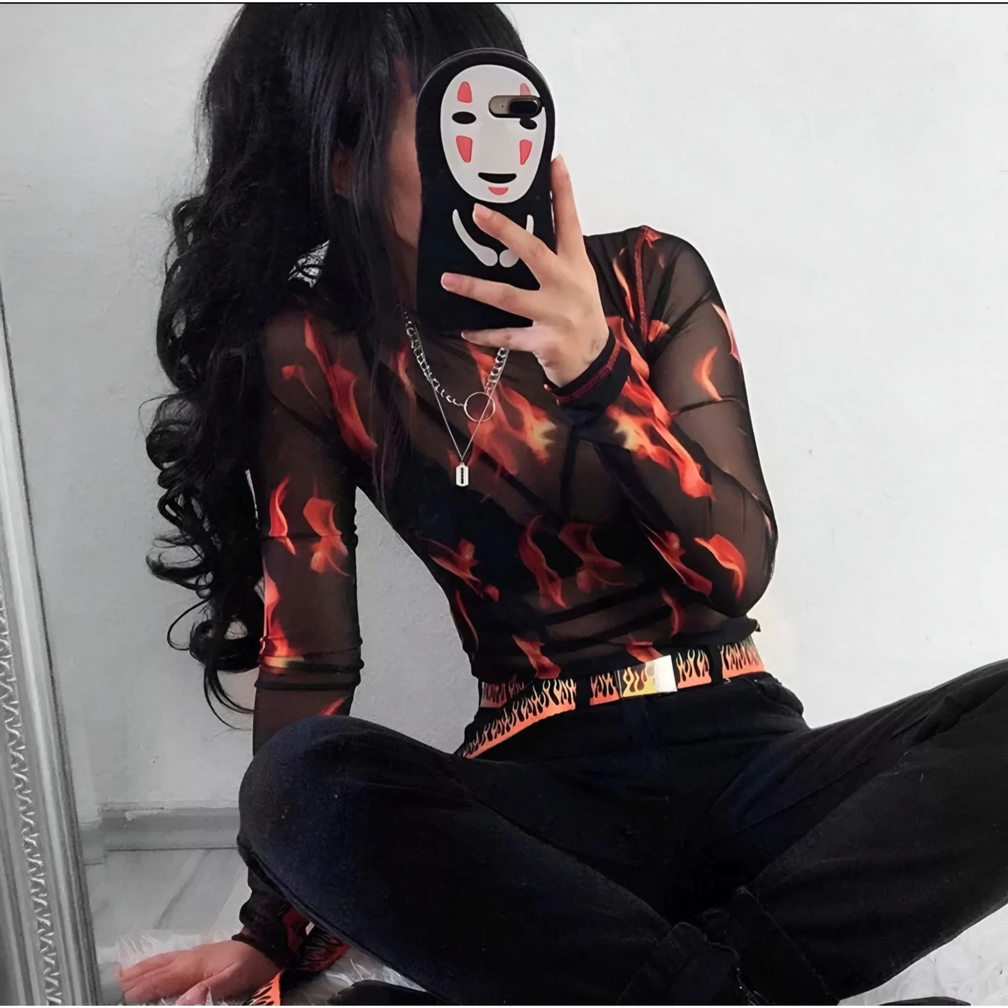 Black Sheer Flame Print Long Sleeve Crop Top