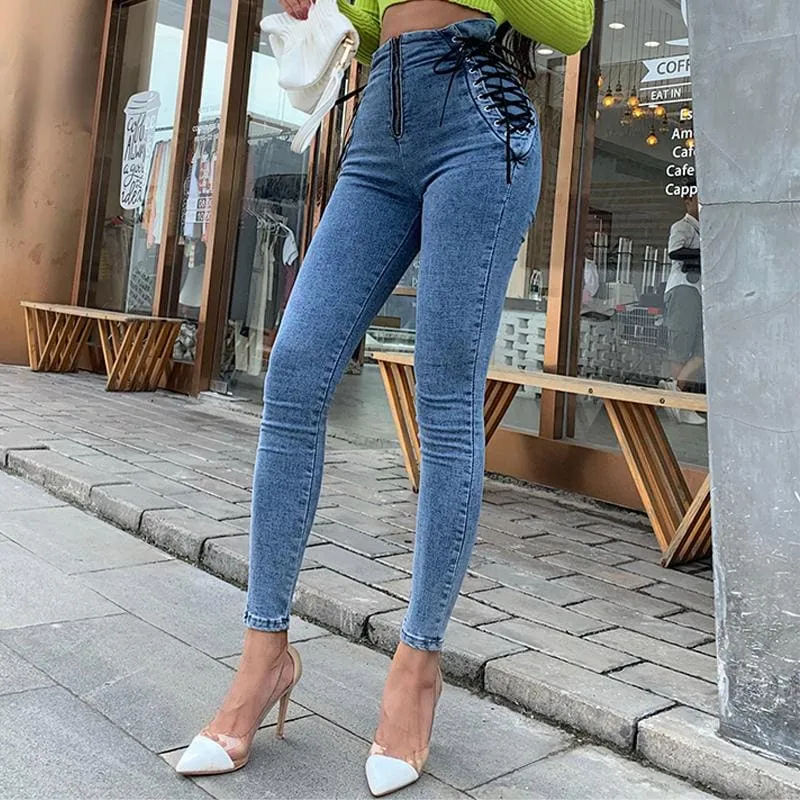 Blue High Waisted Front Zipper Lace Up Skinny Jeans