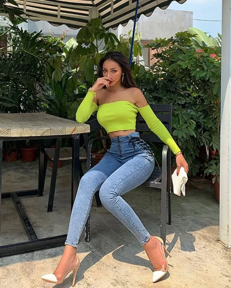 Blue High Waisted Front Zipper Lace Up Skinny Jeans