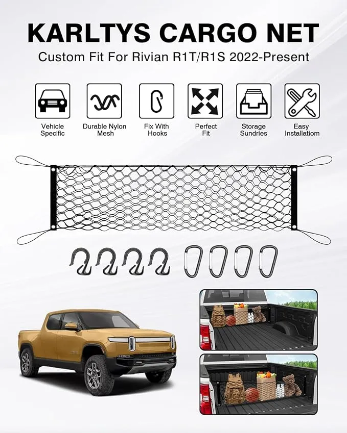 Karltys Truck Bed Cargo Net for 2022-2024 Rivian R1T /R1S Accessories, Envelope Style Cargo Net Stretchable, Adjustable Elastic Heavy Dudy Nylon Mesh Netting with 8PCS Durable Hooks