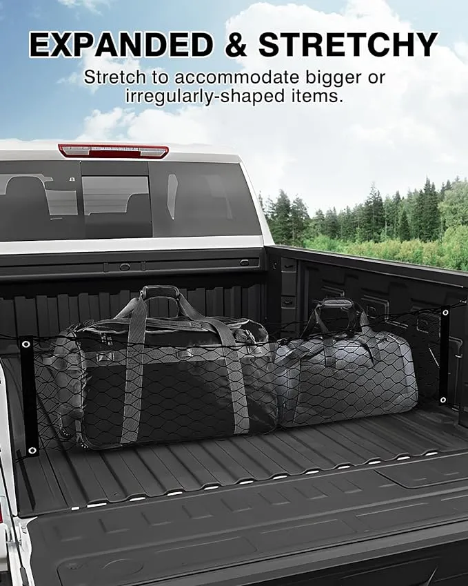 Karltys Truck Bed Cargo Net for 2022-2024 Rivian R1T /R1S Accessories, Envelope Style Cargo Net Stretchable, Adjustable Elastic Heavy Dudy Nylon Mesh Netting with 8PCS Durable Hooks