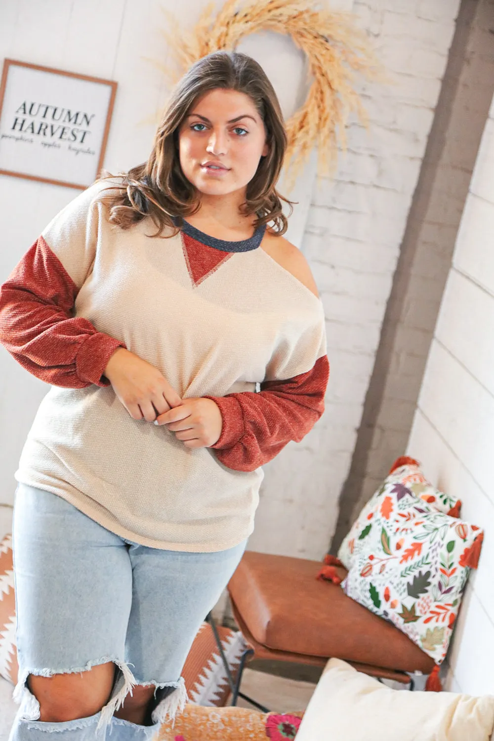 Oatmeal Two Tone Sweater Knit Cold Shoulder Top