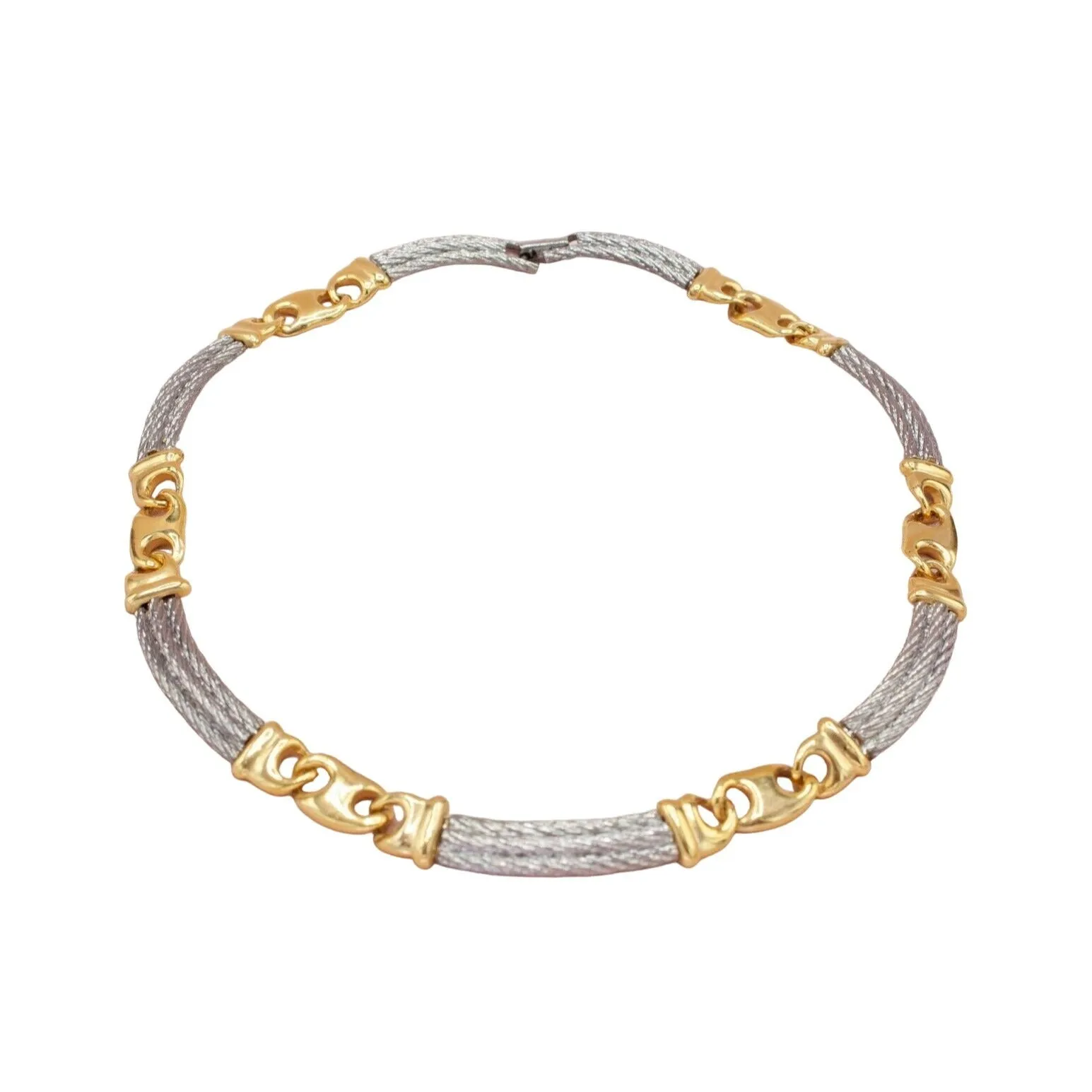 Paolo Gucci, 17" long , two-tone necklace made from interlocking, polished, gold, 'Gucci' mariner and brushed silver rope links