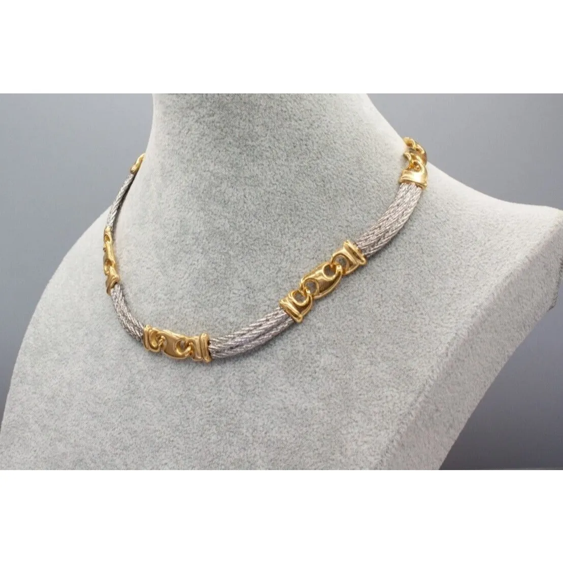 Paolo Gucci, 17" long , two-tone necklace made from interlocking, polished, gold, 'Gucci' mariner and brushed silver rope links