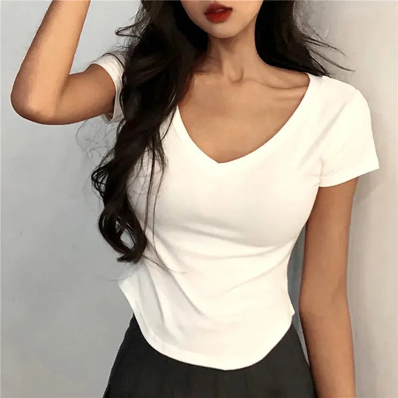 Slim Fit V-neck Cotton Stretchy Short Sleeve Tee