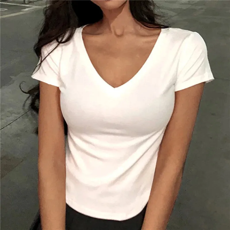 Slim Fit V-neck Cotton Stretchy Short Sleeve Tee