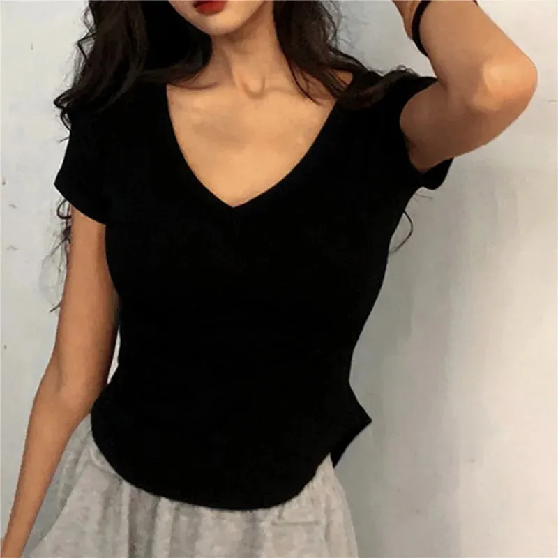 Slim Fit V-neck Cotton Stretchy Short Sleeve Tee