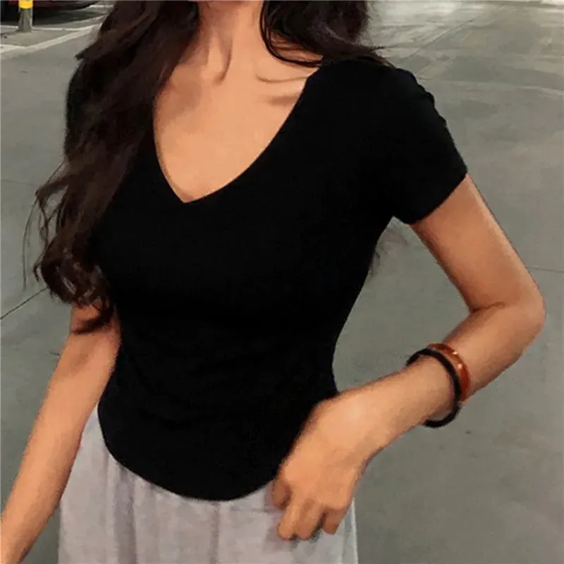 Slim Fit V-neck Cotton Stretchy Short Sleeve Tee