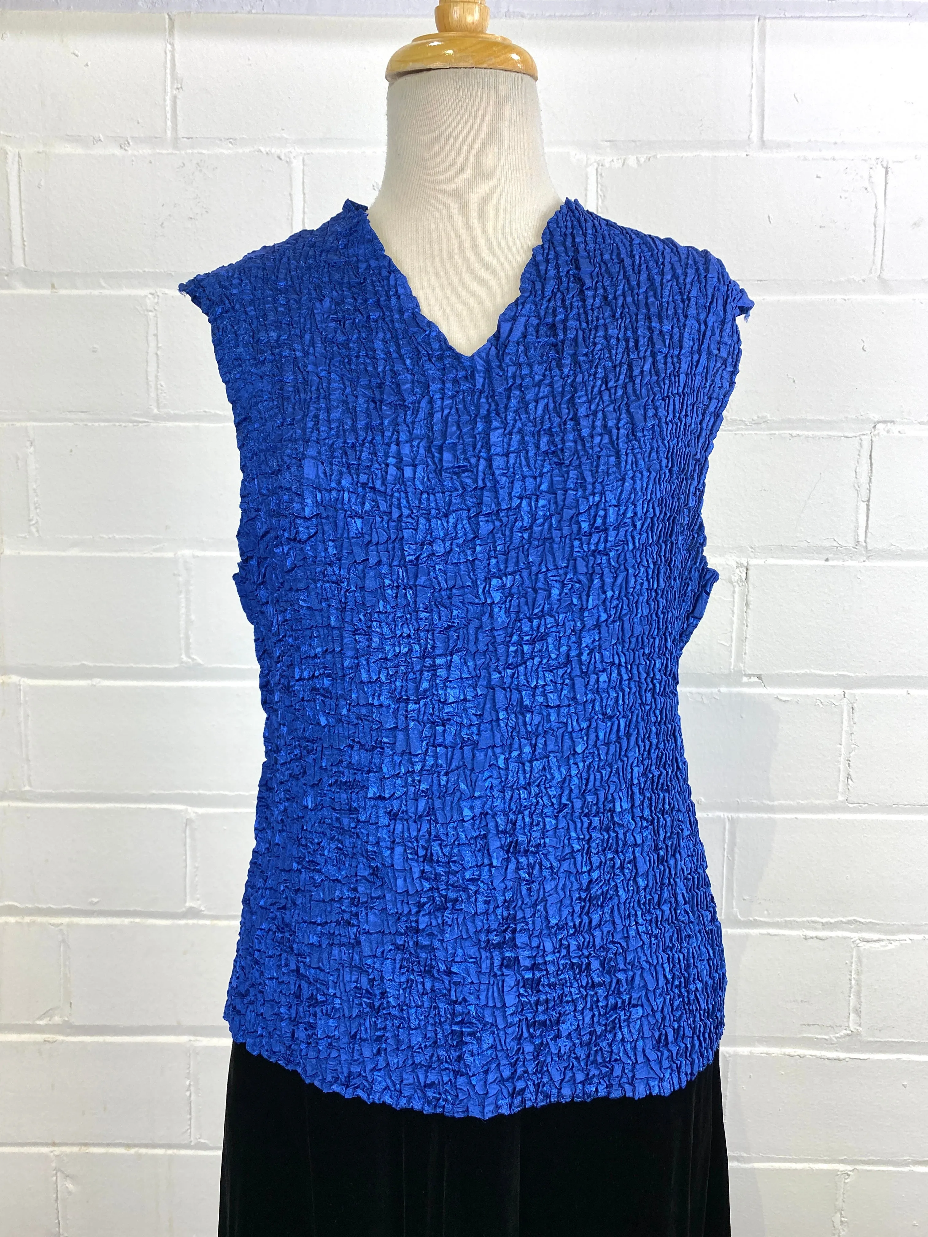 Vintage 1990s Royal Blue Stretchy Satin Crinkle Sleeveless Top, L